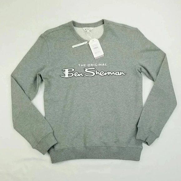 Ben Sherman Small Grey Heather Long Sleeve Men's Logo Crew Neck Cotton Sweater - Picture 5 of 10